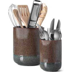 imageLE TAUCI Utensil Holder 73quot54quot Ceramic Kitchen Utensil Holder for Countertop Large Cooking Utensil Crocks for Kitchen Counter Modern Utensil Organizer for Spatula Set of 2 Forest GreenGlaze Marble Dark Olive