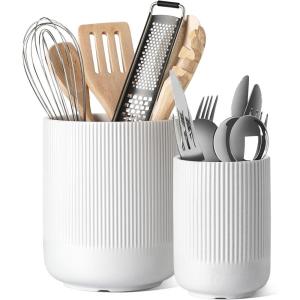 imageLE TAUCI Utensil Holder 73quot54quot Ceramic Kitchen Utensil Holder for Countertop Large Cooking Utensil Crocks for Kitchen Counter Modern Utensil Organizer for Spatula Set of 2 Forest GreenWhite