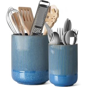 imageLE TAUCI Utensil Holder 73quot54quot Ceramic Kitchen Utensil Holder for Countertop Large Cooking Utensil Crocks for Kitchen Counter Modern Utensil Organizer for Spatula Set of 2 Forest GreenGlaze Marble Blue