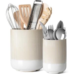 imageLE TAUCI Utensil Holder 73quot54quot Ceramic Kitchen Utensil Holder for Countertop Large Cooking Utensil Crocks for Kitchen Counter Modern Utensil Organizer for Spatula Set of 2 Forest GreenGlaze Arctic White