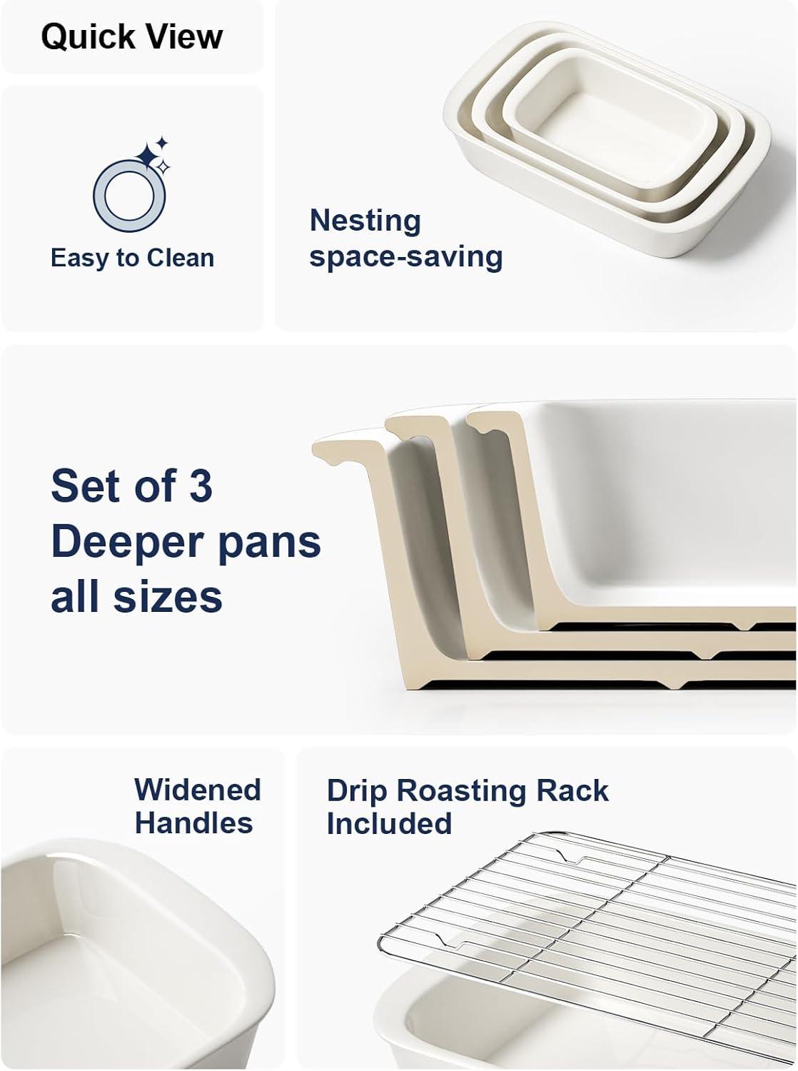 imageLE TAUCI Deep Casserole Dishes for Oven 137x96 Ceramic Baking Dish Set with Roasting Racks Large Lasagna Pans with Handles Rectangular Bakeware as Gift for Mom White 46QT30QT16QT Set of 3
