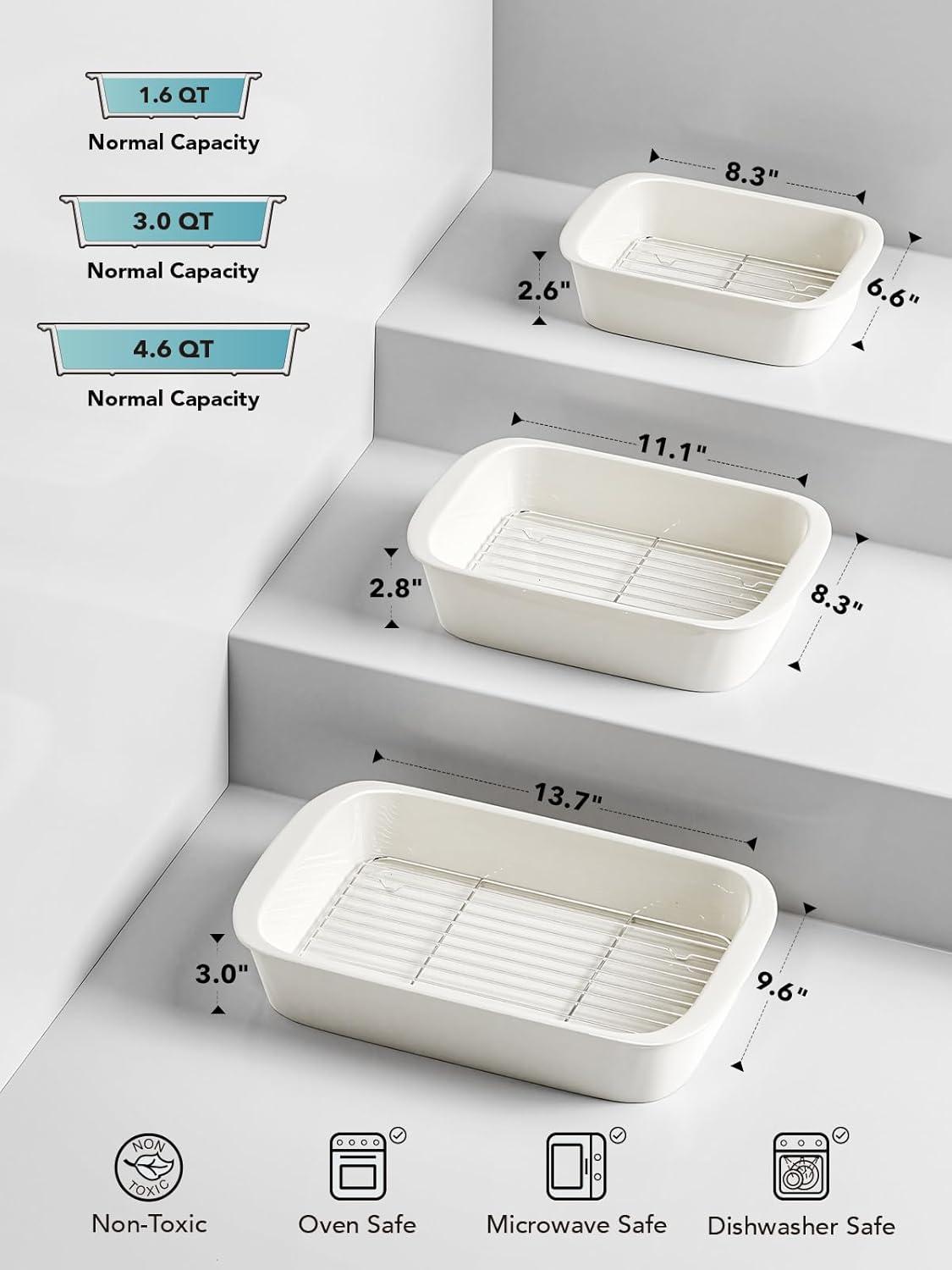 imageLE TAUCI Deep Casserole Dishes for Oven 137x96 Ceramic Baking Dish Set with Roasting Racks Large Lasagna Pans with Handles Rectangular Bakeware as Gift for Mom White 46QT30QT16QT Set of 3