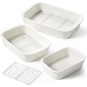 imageLE TAUCI Deep Casserole Dishes for Oven 137x96 Ceramic Baking Dish Set with Roasting Racks Large Lasagna Pans with Handles Rectangular Bakeware as Gift for Mom White 46QT30QT16QT Set of 3