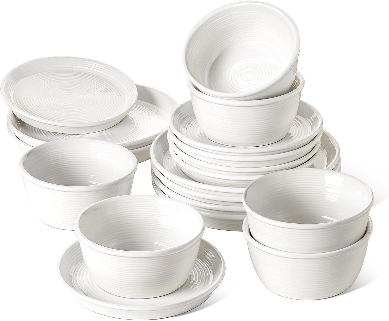 imageLE TAUCI 18Piece Ceramic Dinnerware Set Service for 6  White Farmhouse Deeper Plates ampamp Bowls 10quot Dinner 8quot Salad 6quot Bowls Stackable Chip Resistant Stoneware DishesWhite