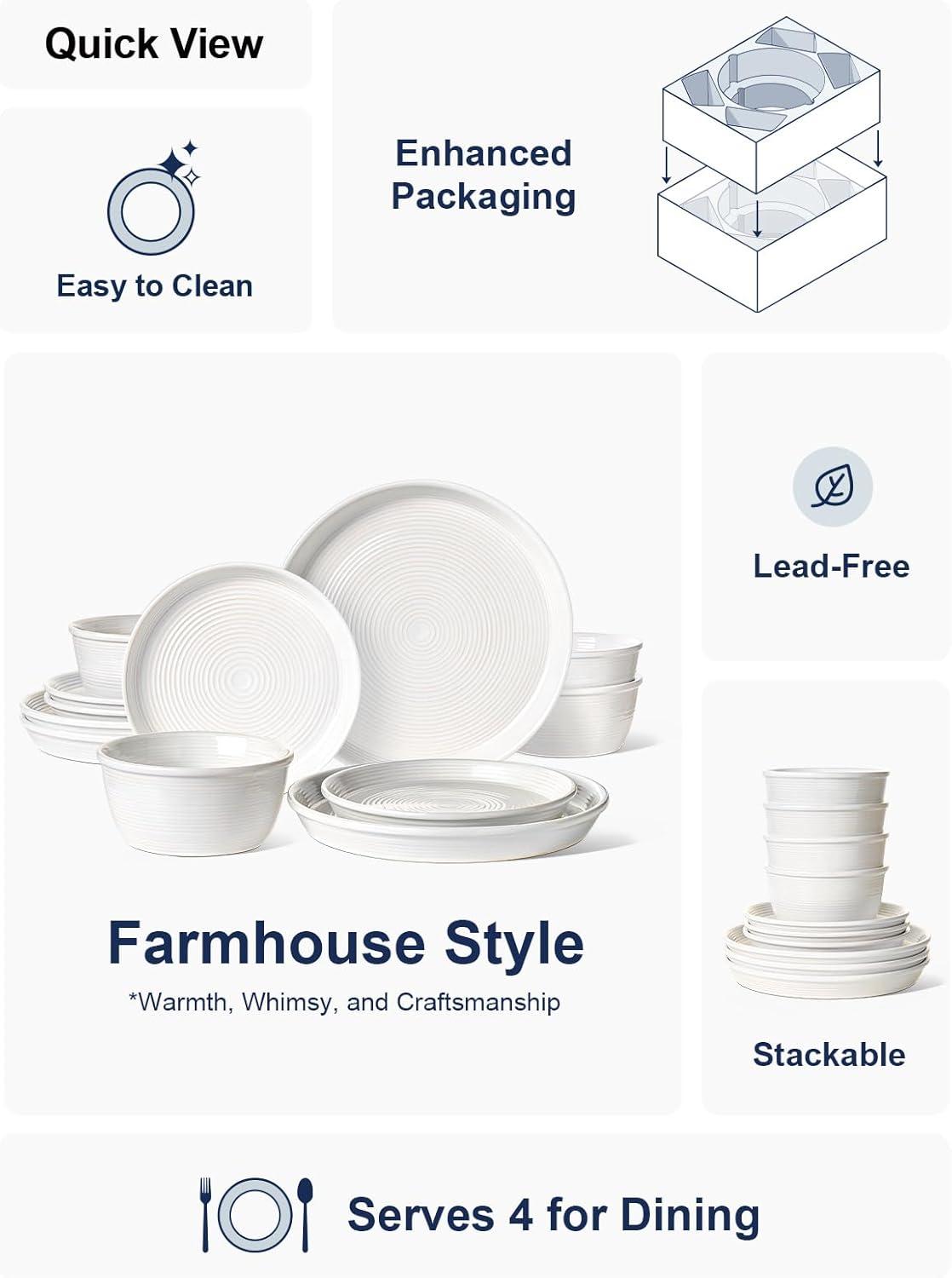 imageLE TAUCI 18Piece Ceramic Dinnerware Set Service for 6  White Farmhouse Deeper Plates ampamp Bowls 10quot Dinner 8quot Salad 6quot Bowls Stackable Chip Resistant Stoneware DishesWhite