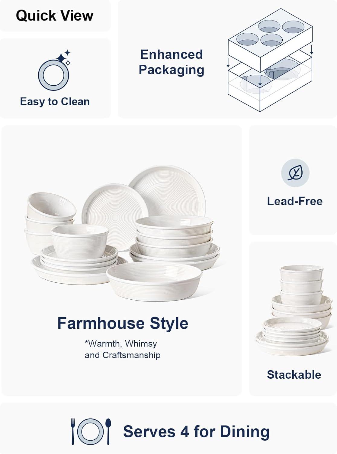 imageLE TAUCI 18Piece Ceramic Dinnerware Set Service for 6  White Farmhouse Deeper Plates ampamp Bowls 10quot Dinner 8quot Salad 6quot Bowls Stackable Chip Resistant Stoneware DishesWhite