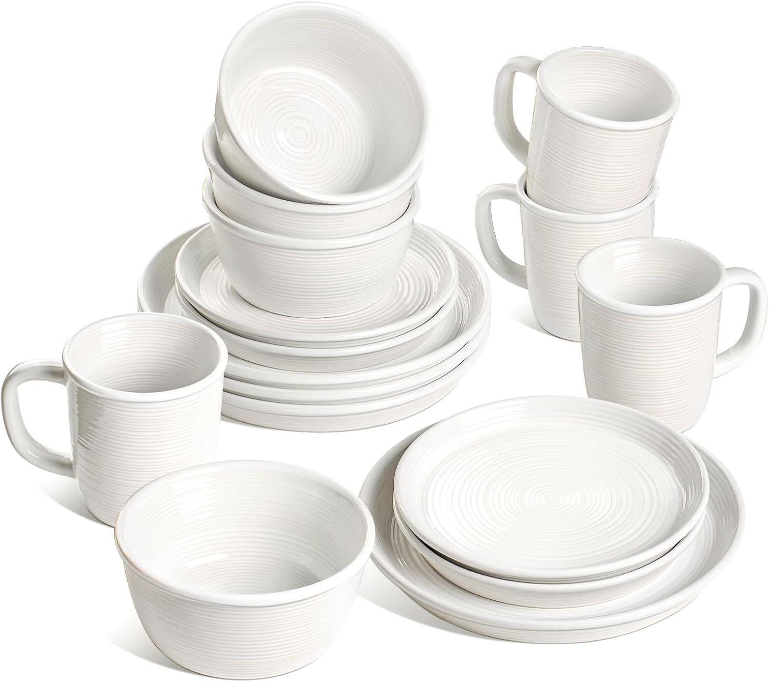 imageLE TAUCI 18Piece Ceramic Dinnerware Set Service for 6  White Farmhouse Deeper Plates ampamp Bowls 10quot Dinner 8quot Salad 6quot Bowls Stackable Chip Resistant Stoneware DishesWhite