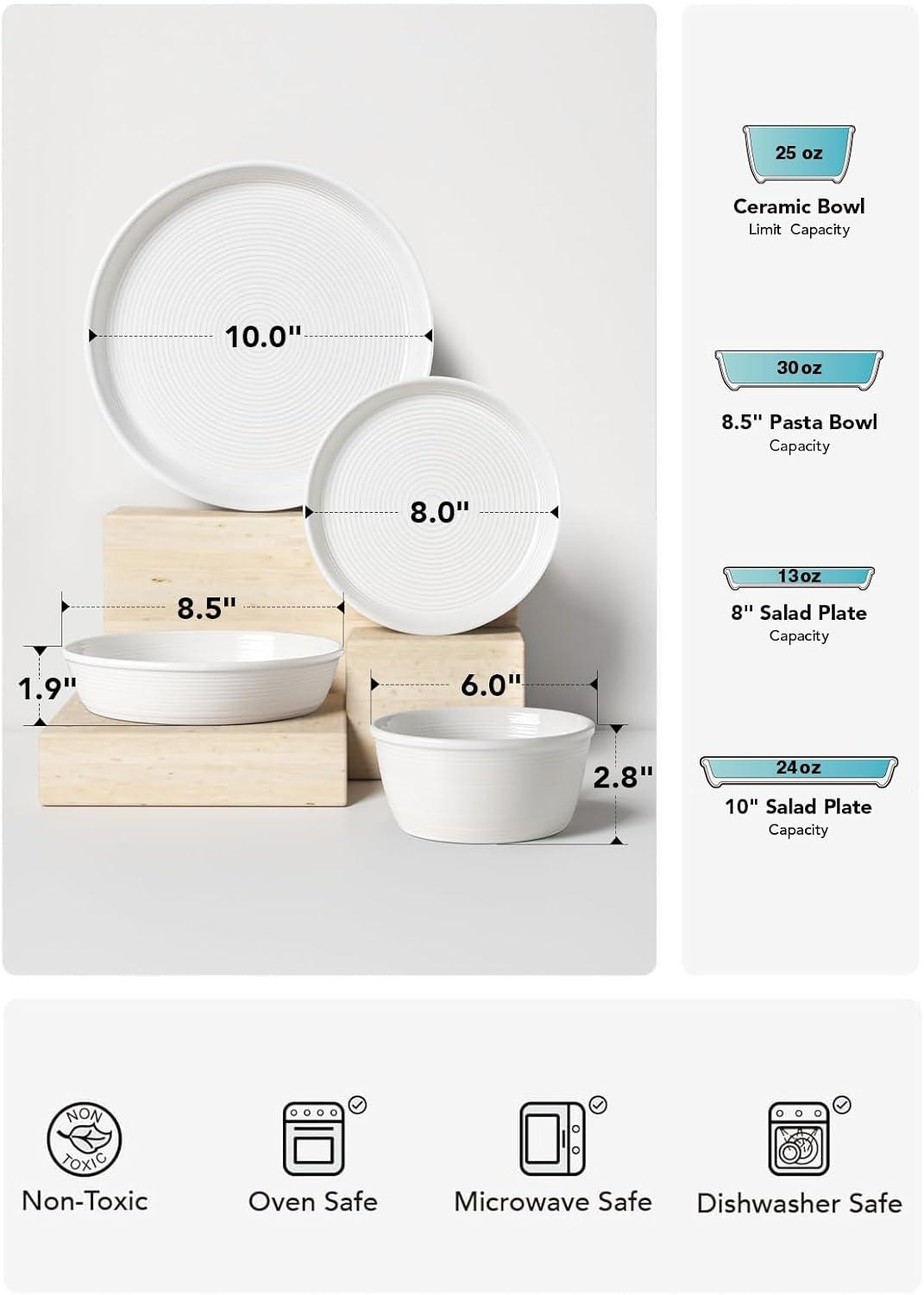 imageLE TAUCI 18Piece Ceramic Dinnerware Set Service for 6  White Farmhouse Deeper Plates ampamp Bowls 10quot Dinner 8quot Salad 6quot Bowls Stackable Chip Resistant Stoneware DishesWhite