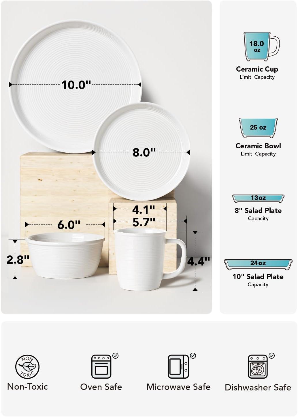 imageLE TAUCI 18Piece Ceramic Dinnerware Set Service for 6  White Farmhouse Deeper Plates ampamp Bowls 10quot Dinner 8quot Salad 6quot Bowls Stackable Chip Resistant Stoneware DishesWhite