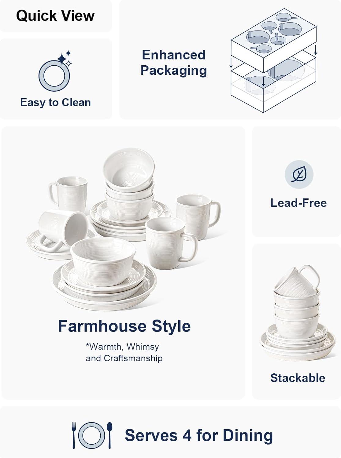 imageLE TAUCI 18Piece Ceramic Dinnerware Set Service for 6  White Farmhouse Deeper Plates ampamp Bowls 10quot Dinner 8quot Salad 6quot Bowls Stackable Chip Resistant Stoneware DishesWhite