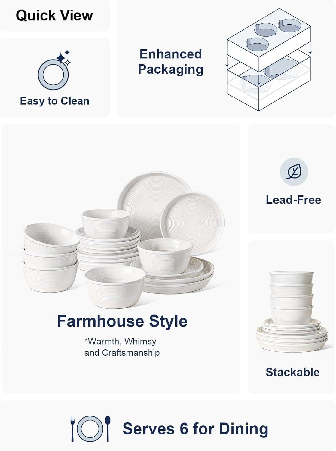 imageLE TAUCI 18Piece Ceramic Dinnerware Set Service for 6  White Farmhouse Deeper Plates ampamp Bowls 10quot Dinner 8quot Salad 6quot Bowls Stackable Chip Resistant Stoneware DishesWhite