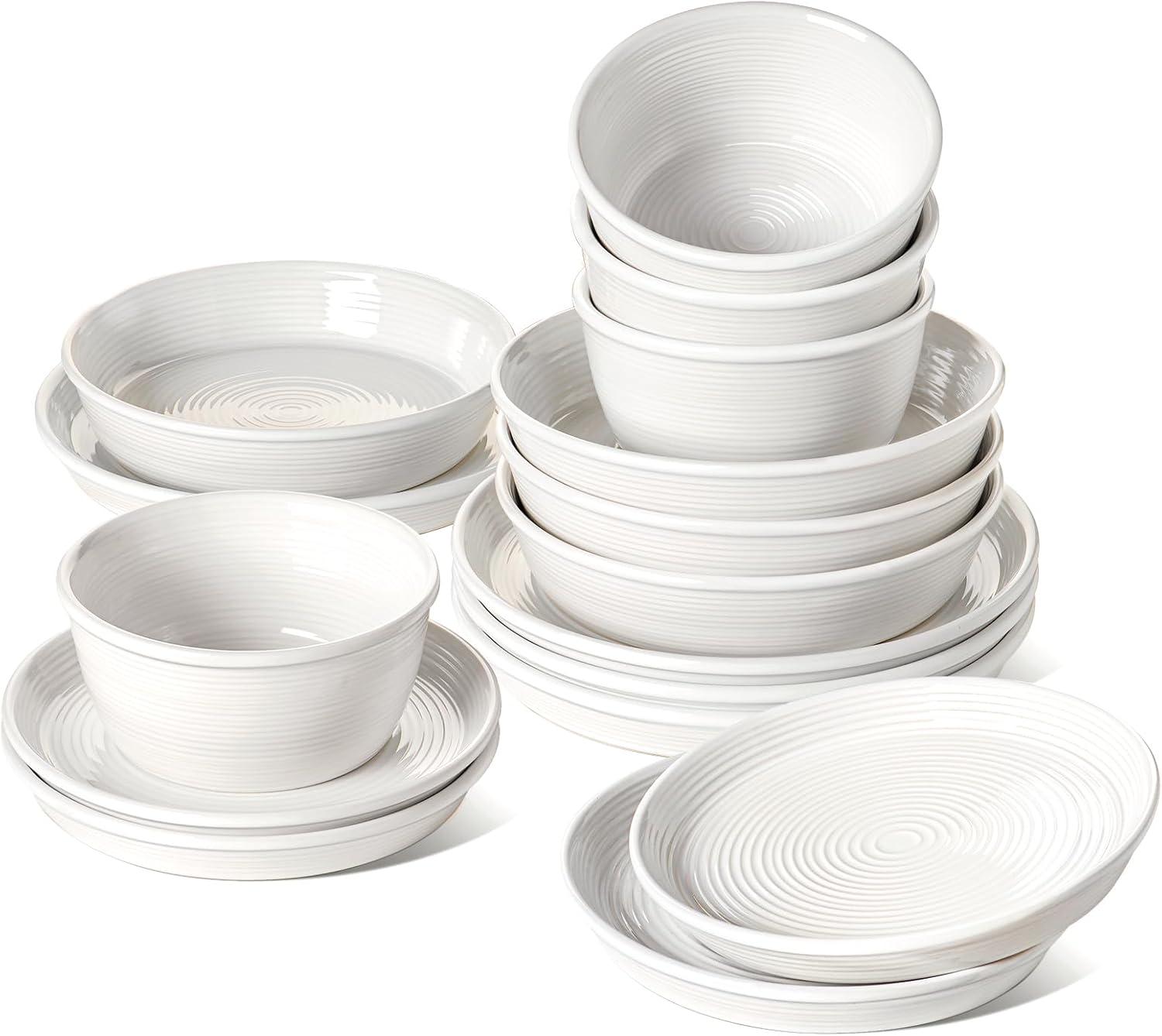 imageLE TAUCI 18Piece Ceramic Dinnerware Set Service for 6  White Farmhouse Deeper Plates ampamp Bowls 10quot Dinner 8quot Salad 6quot Bowls Stackable Chip Resistant Stoneware DishesWhite