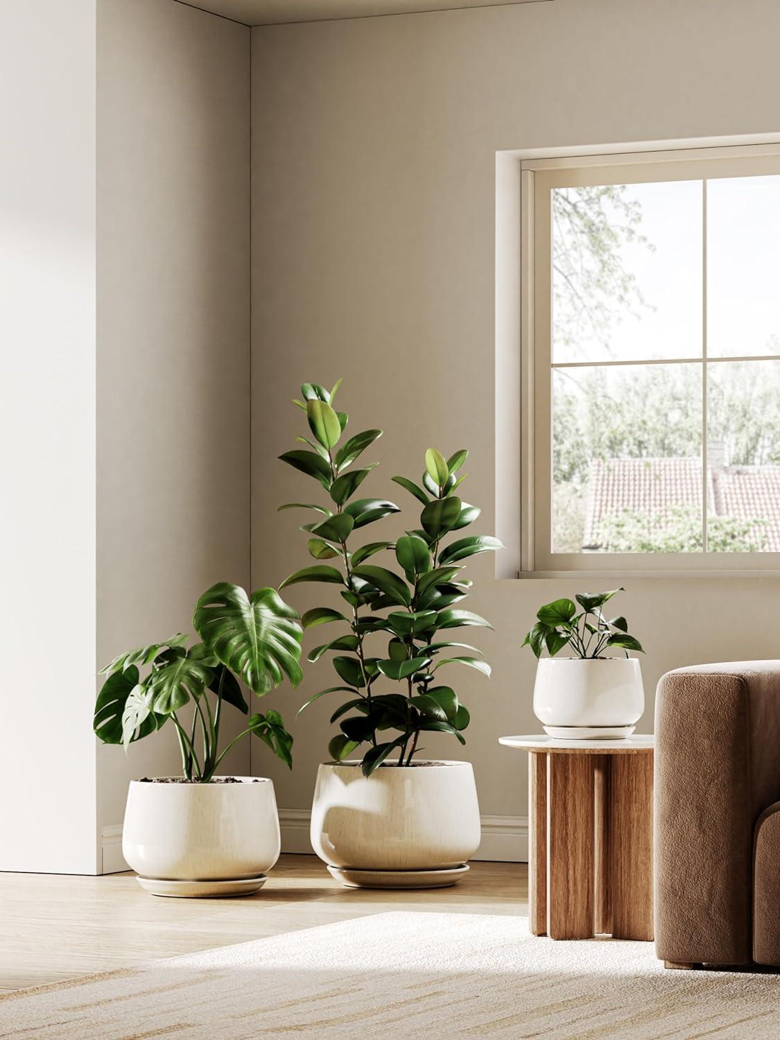 imageLE TAUCI Ceramic Planters 12 Inch Pots for Plants Indoor Plant Pots with Drainage Holes and Saucers Modern Planters Fit Mid Century Plant Stand Flower Pots for Indoor Plants BlackReactive Glaze Beige