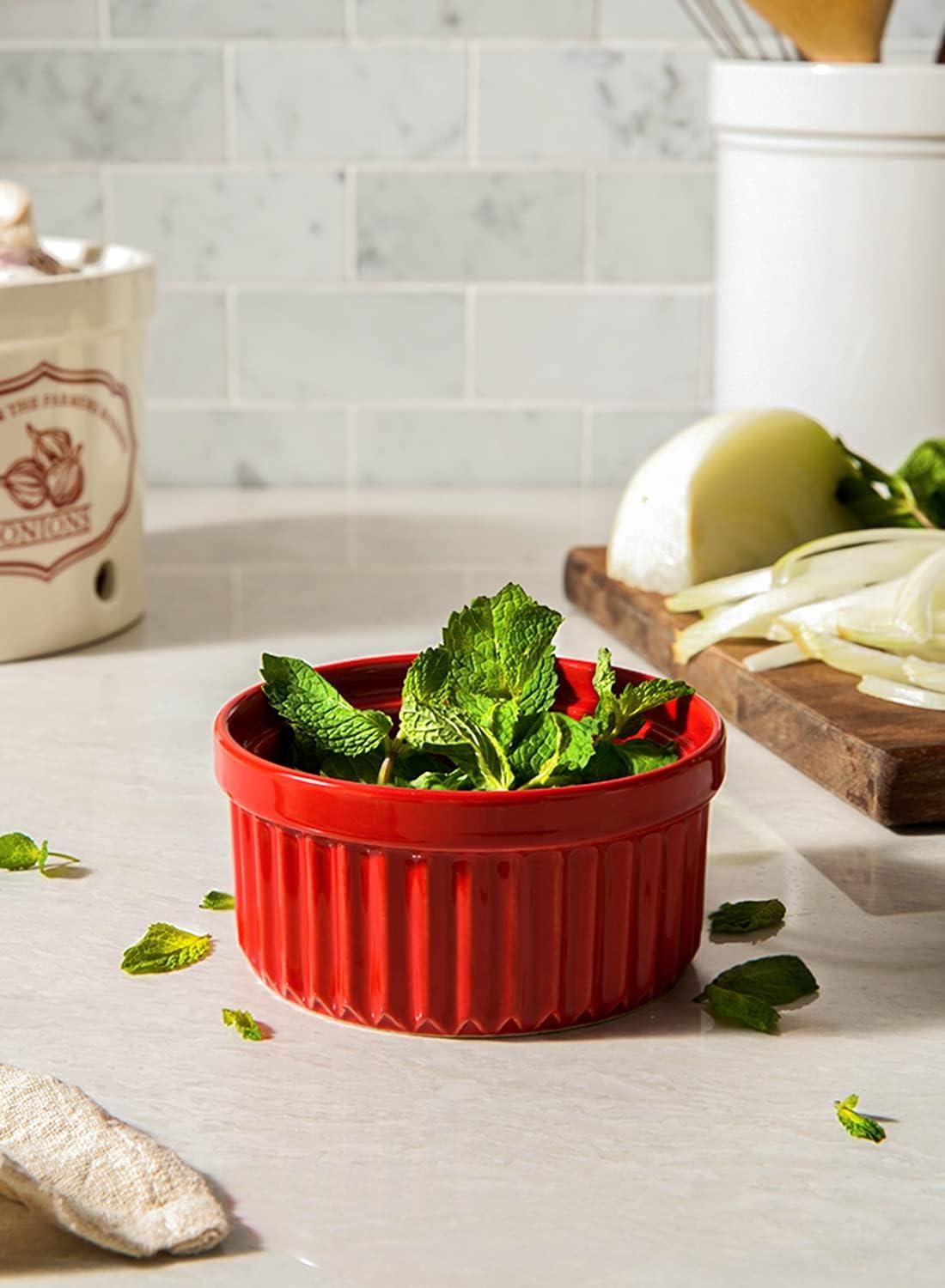 imageLE TAUCI Ramekins 12 OZ Oven Safe Ceramic Souffle Dishes for Oven Custard Cups Creme Brulee Dishes Porcelain Large Ramekins Pudding Ramiken Dipping Sauces Set of 6 WhiteRed