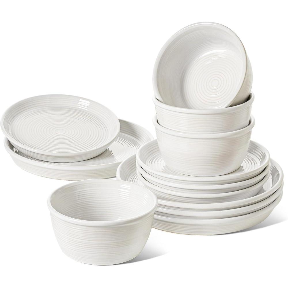 imageLE TAUCI 18Piece Ceramic Dinnerware Set Service for 6  White Farmhouse Deeper Plates ampamp Bowls 10quot Dinner 8quot Salad 6quot Bowls Stackable Chip Resistant Stoneware DishesWhite