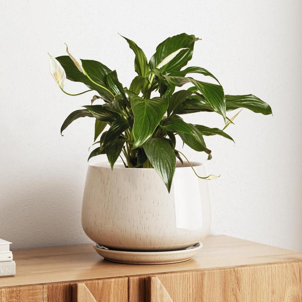 imageLE TAUCI Ceramic Planters 12 Inch Pots for Plants Indoor Plant Pots with Drainage Holes and Saucers Modern Planters Fit Mid Century Plant Stand Flower Pots for Indoor Plants BlackReactive Glaze Beige