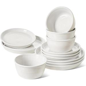 imageLE TAUCI 18Piece Ceramic Dinnerware Set Service for 6  White Farmhouse Deeper Plates ampamp Bowls 10quot Dinner 8quot Salad 6quot Bowls Stackable Chip Resistant Stoneware DishesWhite
