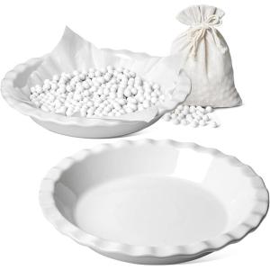 imageLE TAUCI Ceramic Pie Dish and Pie Weights Set 9 Inches Deep Pie Pans for Baking 52 OZ Round Fluted Pie Plates for Apple Pie Quiche Pot Pies Tart  Set of 2 Classic WhiteClassic White