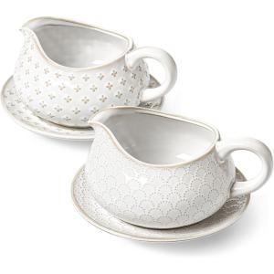 imageLE TAUCI Gravy Boat with Saucer Stand 24oz Ceramic Sauce Boat with Tray for Salad Dressings Creamer Broth Black Pepper Set of 2 Arctic White FireworkClover