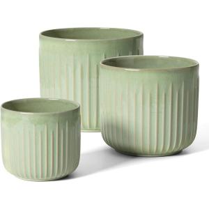 imageLE TAUCI Fluted Ceramic Planters Set of 3  837  57 in Star White Reactive Cylinder Indoor Plant Pots with Drainage Plug ampamp Mesh Glossy Stoneware Flower Pots for Succulents HerbsGlaze Sage Green