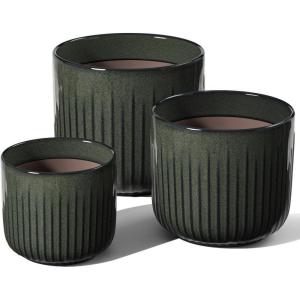 imageLE TAUCI Fluted Ceramic Planters Set of 3  837  57 in Star White Reactive Cylinder Indoor Plant Pots with Drainage Plug ampamp Mesh Glossy Stoneware Flower Pots for Succulents HerbsReactive Glaze Dark Olive