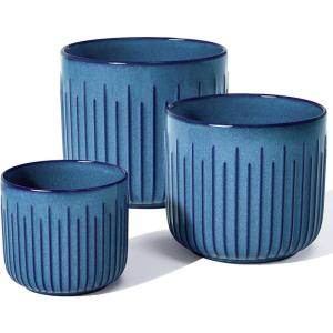 imageLE TAUCI Fluted Ceramic Planters Set of 3  837  57 in Star White Reactive Cylinder Indoor Plant Pots with Drainage Plug ampamp Mesh Glossy Stoneware Flower Pots for Succulents HerbsReactive Glaze Blue