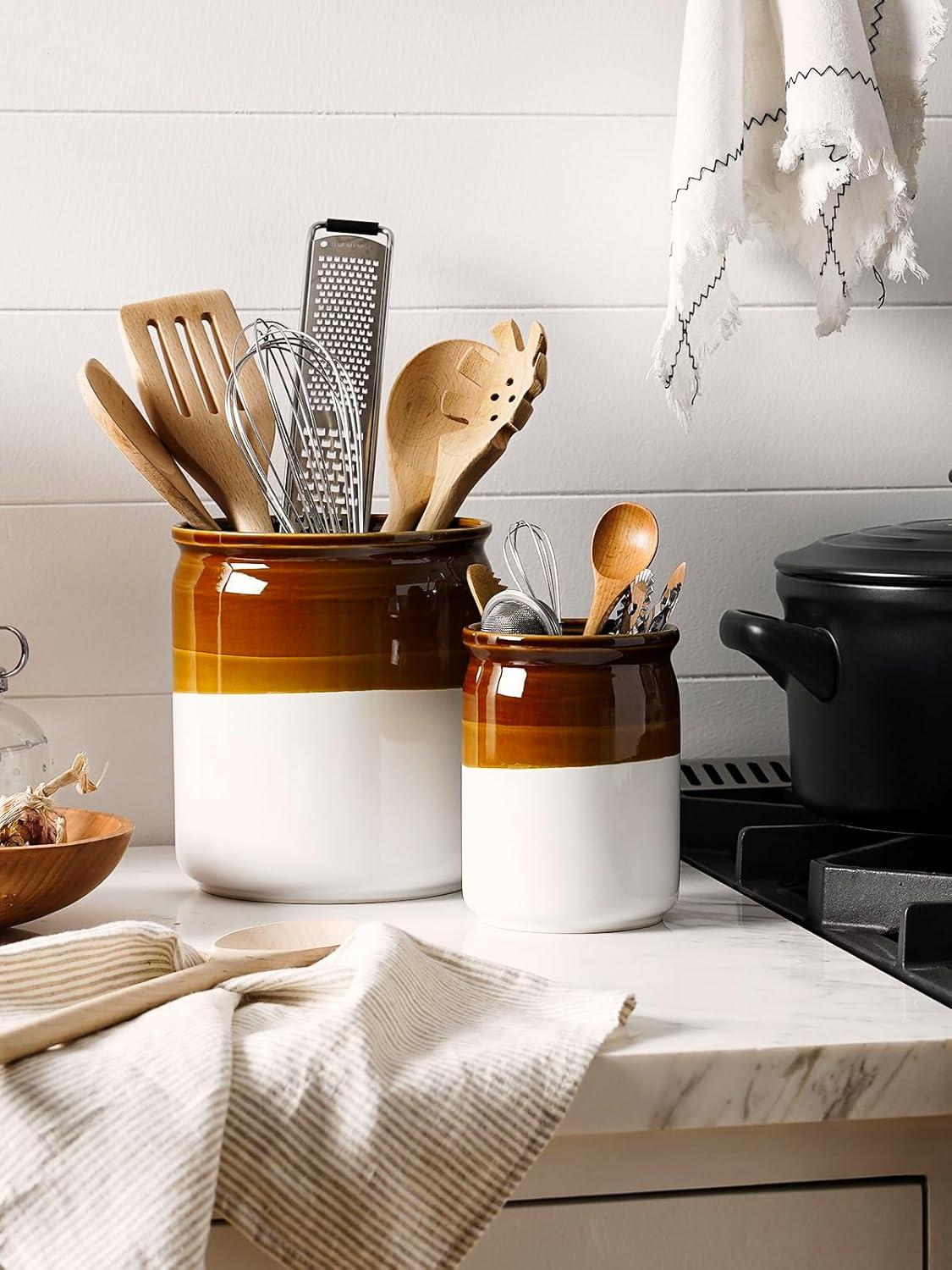 imageLE TAUCI Kitchen Utensil Holder  Ceramic Utensil Crock for Countertop Large 72quot ampamp Small 54quot Set of 2 Heavy Weighted Cooking Spatula Organizer Farmhouse Decor Gift Brown ampamp White