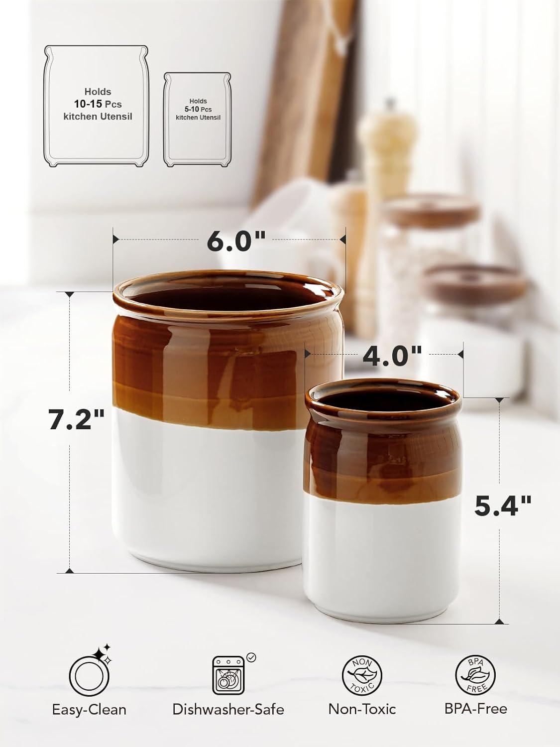 imageLE TAUCI Kitchen Utensil Holder  Ceramic Utensil Crock for Countertop Large 72quot ampamp Small 54quot Set of 2 Heavy Weighted Cooking Spatula Organizer Farmhouse Decor Gift Brown ampamp White