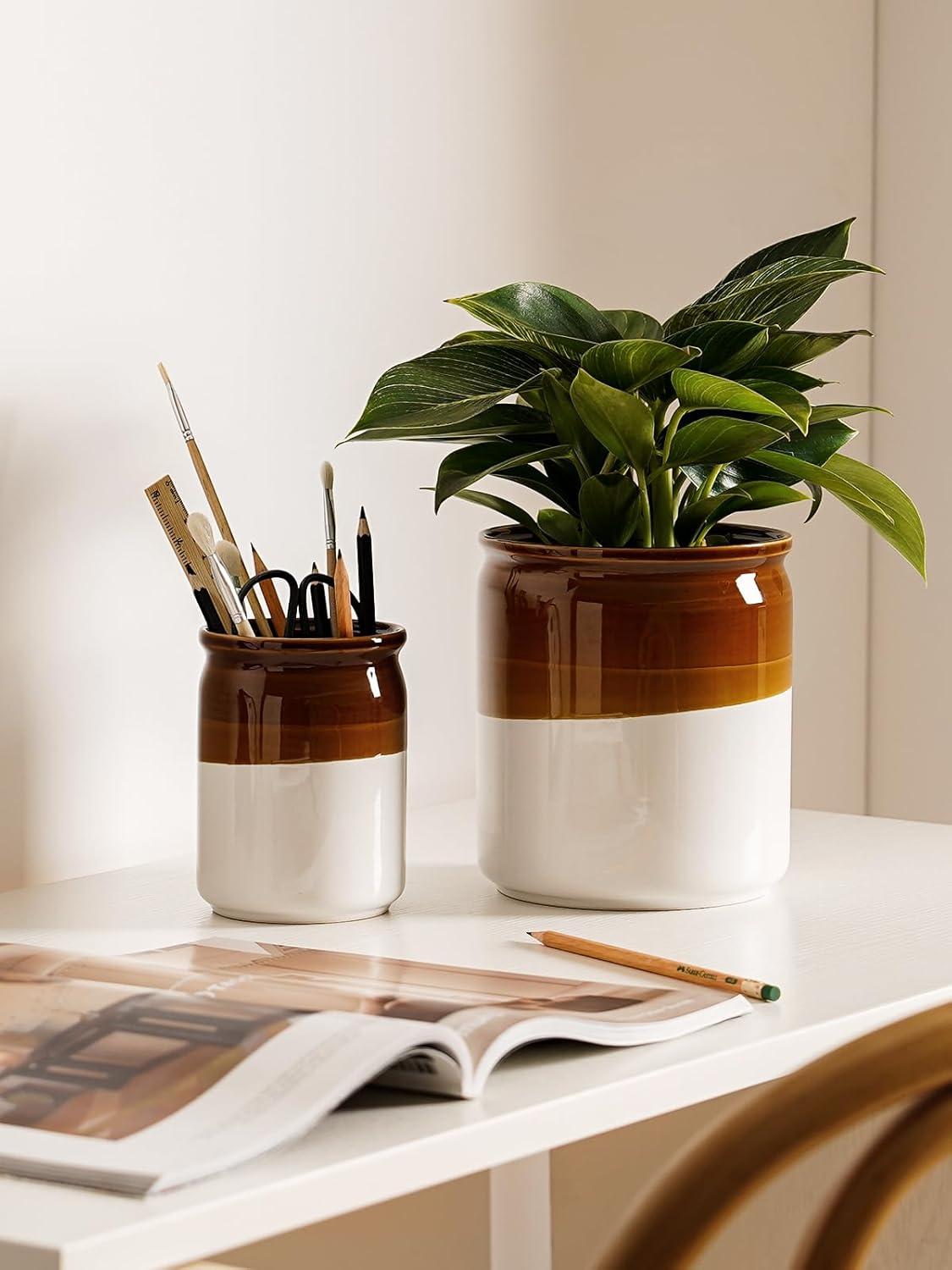 imageLE TAUCI Kitchen Utensil Holder  Ceramic Utensil Crock for Countertop Large 72quot ampamp Small 54quot Set of 2 Heavy Weighted Cooking Spatula Organizer Farmhouse Decor Gift Brown ampamp White