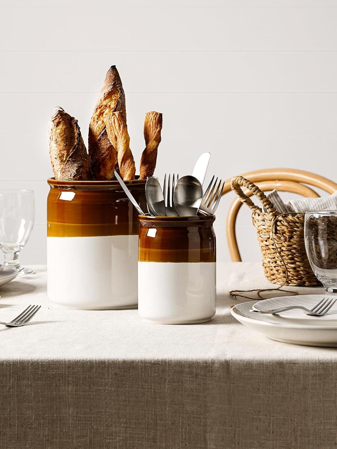 imageLE TAUCI Kitchen Utensil Holder  Ceramic Utensil Crock for Countertop Large 72quot ampamp Small 54quot Set of 2 Heavy Weighted Cooking Spatula Organizer Farmhouse Decor Gift Brown ampamp White