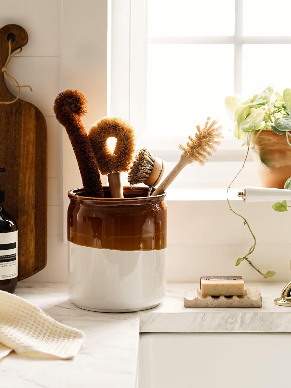 imageLE TAUCI Kitchen Utensil Holder  Ceramic Utensil Crock for Countertop Large 72quot ampamp Small 54quot Set of 2 Heavy Weighted Cooking Spatula Organizer Farmhouse Decor Gift Brown ampamp White