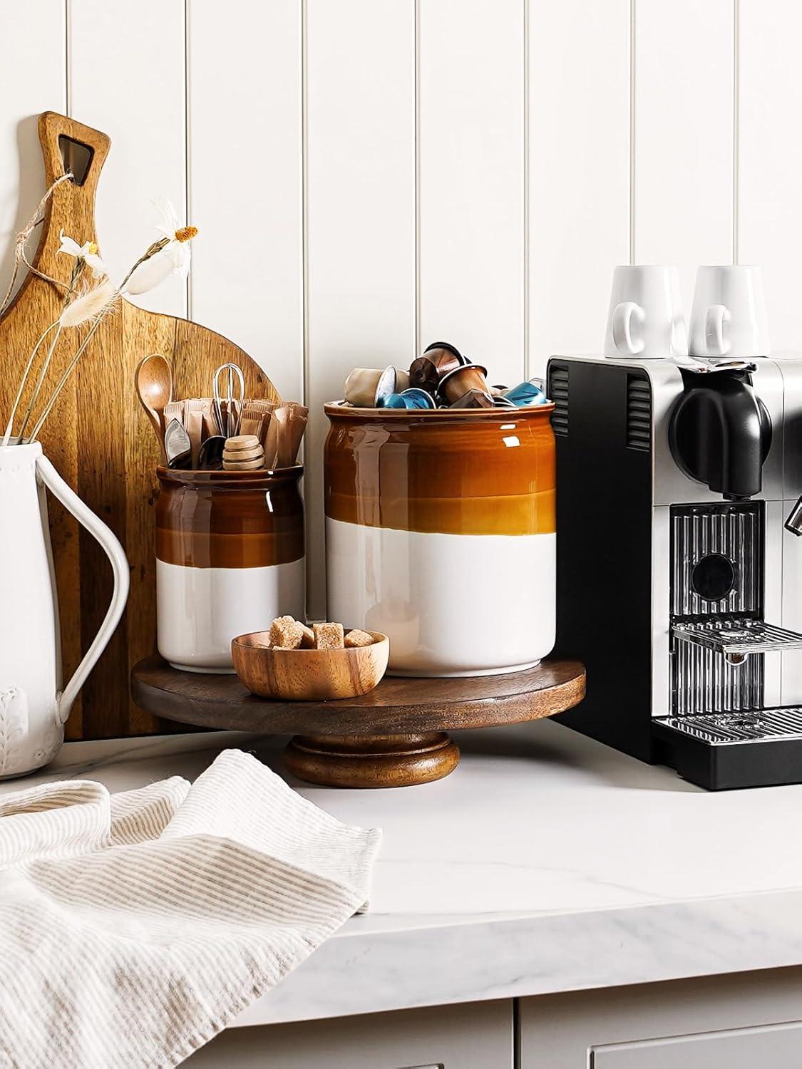 imageLE TAUCI Kitchen Utensil Holder  Ceramic Utensil Crock for Countertop Large 72quot ampamp Small 54quot Set of 2 Heavy Weighted Cooking Spatula Organizer Farmhouse Decor Gift Brown ampamp White