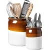 imageLE TAUCI Kitchen Utensil Holder  Ceramic Utensil Crock for Countertop Large 72quot ampamp Small 54quot Set of 2 Heavy Weighted Cooking Spatula Organizer Farmhouse Decor Gift Brown ampamp White