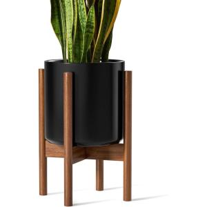 imageLE TAUCI 12 Inch Planter with Acacia Wood Stand Large Ceramic Indoor Plant Pot with Drainage Hole ampamp Plug Mid Century Modern Plant Holder for Fiddle Leaf Fig Monstera Snake Plant WhiteBlack