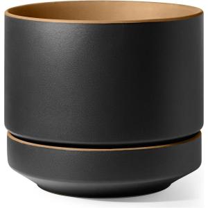 imageLE TAUCI 14 Inch Large Plant Pot with Saucer Ceramic Outdoor ampamp Indoor Big Planter with Drainage Hole Mesh Pad ampamp Plug Included Unglazed Porous Modern for Home and Patio Charcoal GrayObsidian Black  Ochre