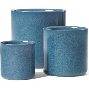 imageLE TAUCI Ceramic Pots for Plants 1086 Inch Indoor Plant Pots Modern Planters for Indoor Plants Home Office Cylinder Planters with Drainage Hole and Plug Set of 3 BlackReactive Glaze Blue