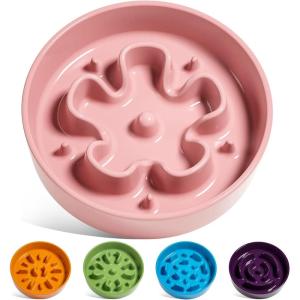 image:imageLE TAUCI Ceramic Slow Feeder Dog Bowls Elevated 3 Cup Raised Bowl with Wooden Stand for Medium Large Breed Slow Down Eating Puzzle Dog Food Bowl Star YellowPink Bloom