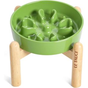 image:imageLE TAUCI Ceramic Slow Feeder Dog Bowls Elevated 3 Cup Raised Bowl with Wooden Stand for Medium Large Breed Slow Down Eating Puzzle Dog Food Bowl Star YellowClover GreenStand