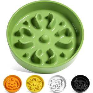 image:imageLE TAUCI Ceramic Slow Feeder Dog Bowls Elevated 3 Cup Raised Bowl with Wooden Stand for Medium Large Breed Slow Down Eating Puzzle Dog Food Bowl Star YellowClover Green