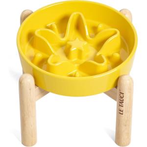 image:imageLE TAUCI Ceramic Slow Feeder Dog Bowls Elevated 3 Cup Raised Bowl with Wooden Stand for Medium Large Breed Slow Down Eating Puzzle Dog Food Bowl Star YellowStar YellowStand