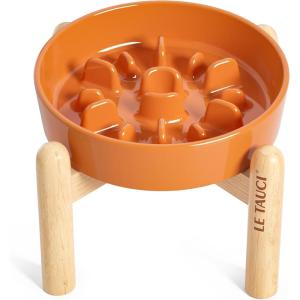 image:imageLE TAUCI Ceramic Slow Feeder Dog Bowls Elevated 3 Cup Raised Bowl with Wooden Stand for Medium Large Breed Slow Down Eating Puzzle Dog Food Bowl Star YellowSun OrangeStand