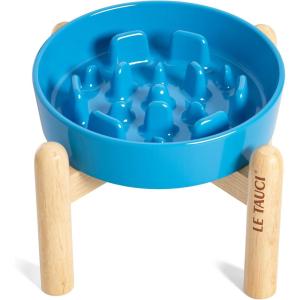 image:imageLE TAUCI Ceramic Slow Feeder Dog Bowls Elevated 3 Cup Raised Bowl with Wooden Stand for Medium Large Breed Slow Down Eating Puzzle Dog Food Bowl Star YellowVortex BlueStand