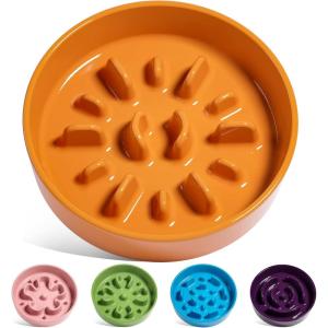 image:imageLE TAUCI Ceramic Slow Feeder Dog Bowls Elevated 3 Cup Raised Bowl with Wooden Stand for Medium Large Breed Slow Down Eating Puzzle Dog Food Bowl Star YellowSun Orange