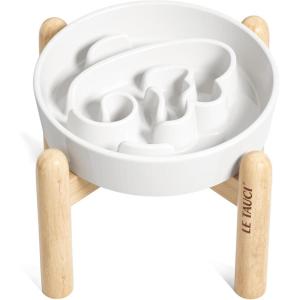 image:imageLE TAUCI Ceramic Slow Feeder Dog Bowls Elevated 3 Cup Raised Bowl with Wooden Stand for Medium Large Breed Slow Down Eating Puzzle Dog Food Bowl Star YellowAngle WhiteStand