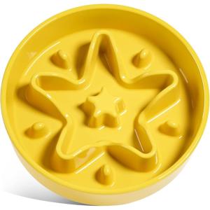 image:imageLE TAUCI Ceramic Slow Feeder Dog Bowls Elevated 3 Cup Raised Bowl with Wooden Stand for Medium Large Breed Slow Down Eating Puzzle Dog Food Bowl Star YellowStar Yellow