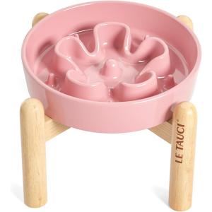 image:imageLE TAUCI Ceramic Slow Feeder Dog Bowls Elevated 3 Cup Raised Bowl with Wooden Stand for Medium Large Breed Slow Down Eating Puzzle Dog Food Bowl Star YellowPink BloomStand