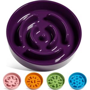 image:imageLE TAUCI Ceramic Slow Feeder Dog Bowls Elevated 3 Cup Raised Bowl with Wooden Stand for Medium Large Breed Slow Down Eating Puzzle Dog Food Bowl Star YellowMaze Purple