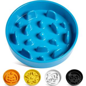 image:imageLE TAUCI Ceramic Slow Feeder Dog Bowls Elevated 3 Cup Raised Bowl with Wooden Stand for Medium Large Breed Slow Down Eating Puzzle Dog Food Bowl Star YellowVortex Blue