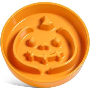 image:imageLE TAUCI Ceramic Slow Feeder Dog Bowls Elevated 3 Cup Raised Bowl with Wooden Stand for Medium Large Breed Slow Down Eating Puzzle Dog Food BowlSkull BlackPumpkin Orange