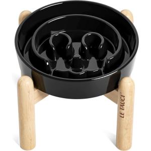 image:imageLE TAUCI Ceramic Slow Feeder Dog Bowls Elevated 3 Cup Raised Bowl with Wooden Stand for Medium Large Breed Slow Down Eating Puzzle Dog Food BowlSkull BlackSkull BlackStand
